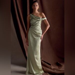 Meshki One-Shoulder Satin Gown in Sage Green
